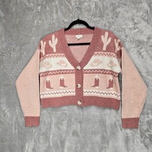 Debut Cardigan Pink Sweater Womens Small Western Cactus Cowboy Cropped Knit